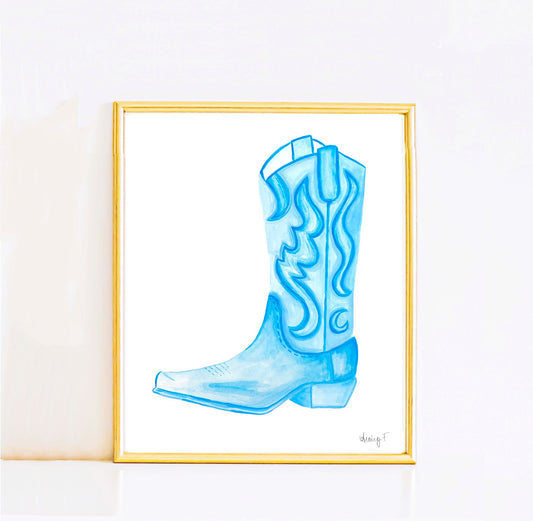 Print | Light Blue Tonal Cowboy Boot Watercolor Painting | Coastal Cowgirl Preppy Wall Art Decor Southern TS5