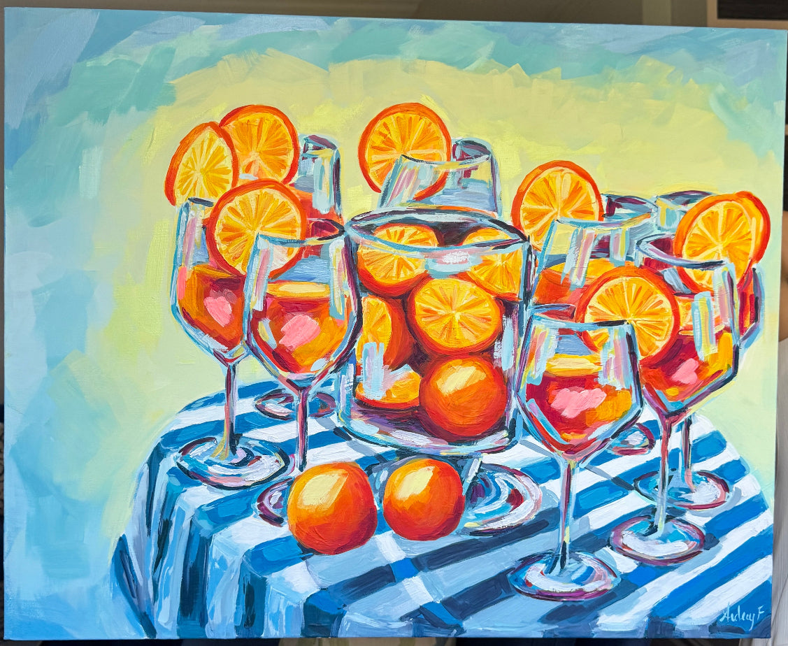 24”x30” “Spritz Season” Original Acrylic Painting – Bold Summer Cocktail Wall Art, Orange & Blue Bar Cart Decor, Aperol Spritz Kitchen Art