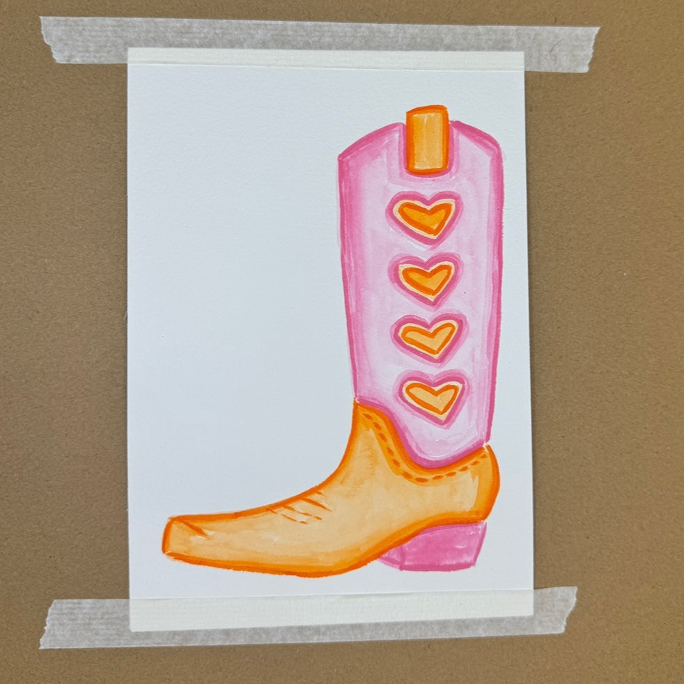 5” x 7” Original Light Pink and Orange Hearts Cowboy Boot