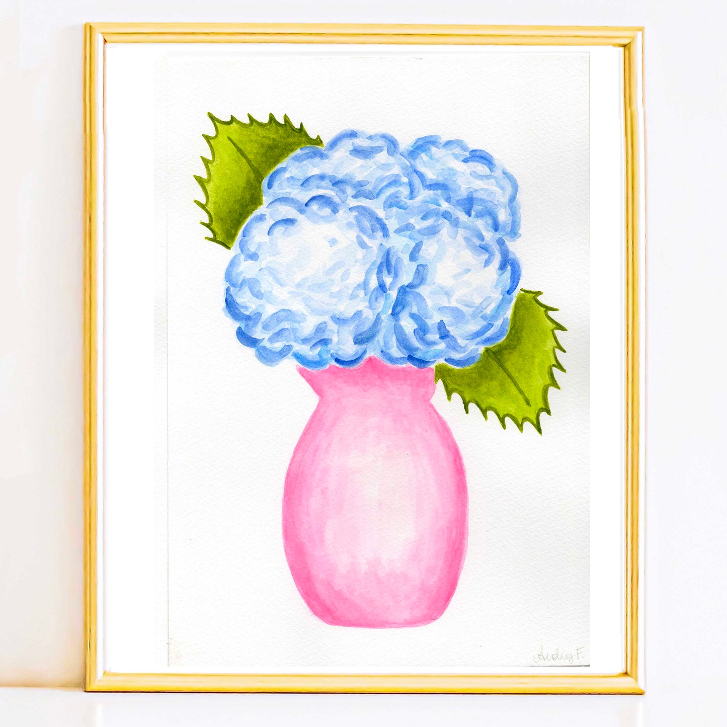7" x 10" Light Blue Hydrangea Bouquet in Pink Vase | Original Watercolor Painting | 3 of 9