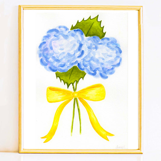 7" x 10" Two  Hydrangea Stems with Yellow Bow | Original Watercolor Painting | 1 of 9