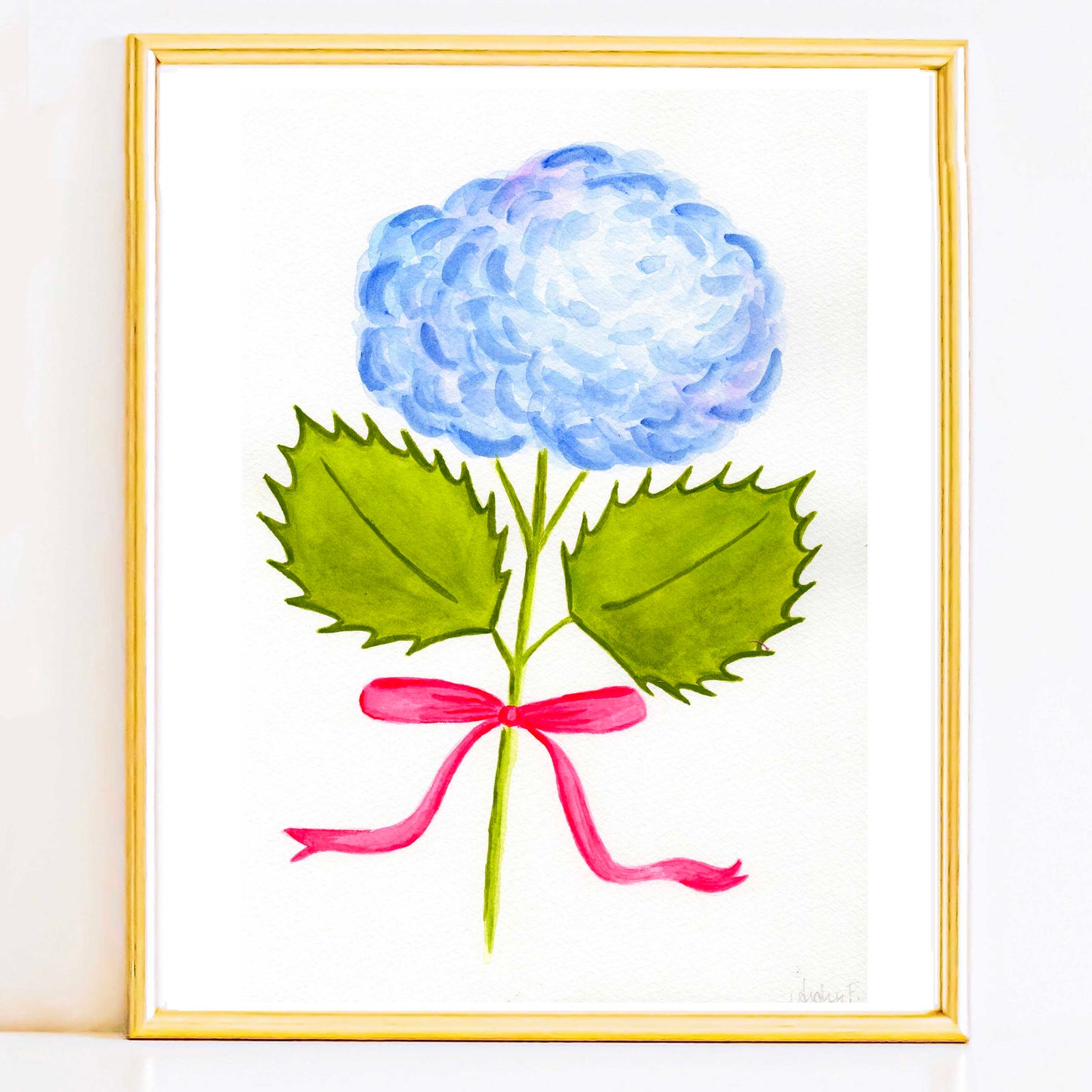 7" x 10" Single Hydrangea Stem with Hot Pink Bow | Original Watercolor Painting | 2 of 9