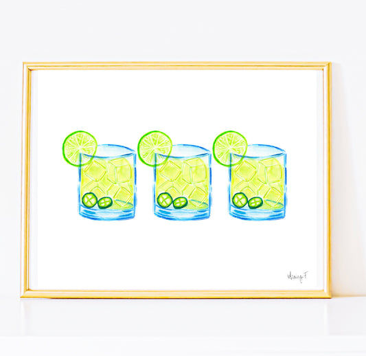 Print | Spicy Margarita Trio Watercolor Painting| Boho Kitchen Wall Art| Vibrant Cocktail Illustration Kitchen Bar Decor | Drink Poster Home