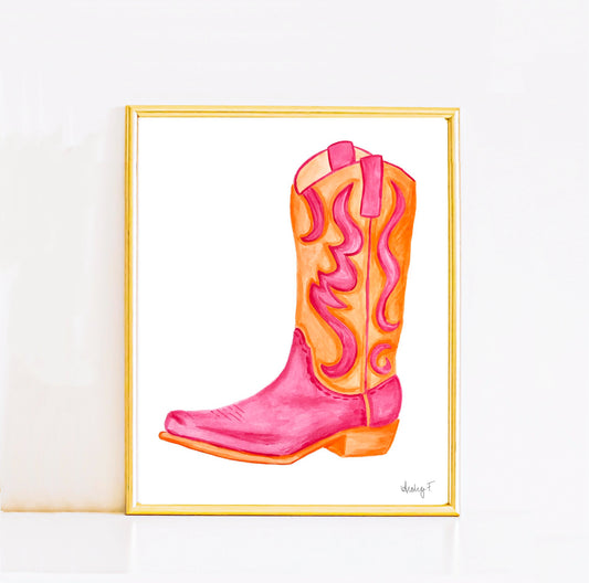 Print | Hot Pink & Orange Cowboy Boot Watercolor | Coastal Cowgirl Southern Rustic Western Colorful Fun Dorm Room Poster Decor