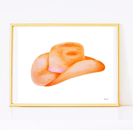 Print | Hot Pink & Orange Cowgirl Hat Watercolor | Various Sizes |  Southern Rustic Western Colorful Fun Dorm Room Poster Decor