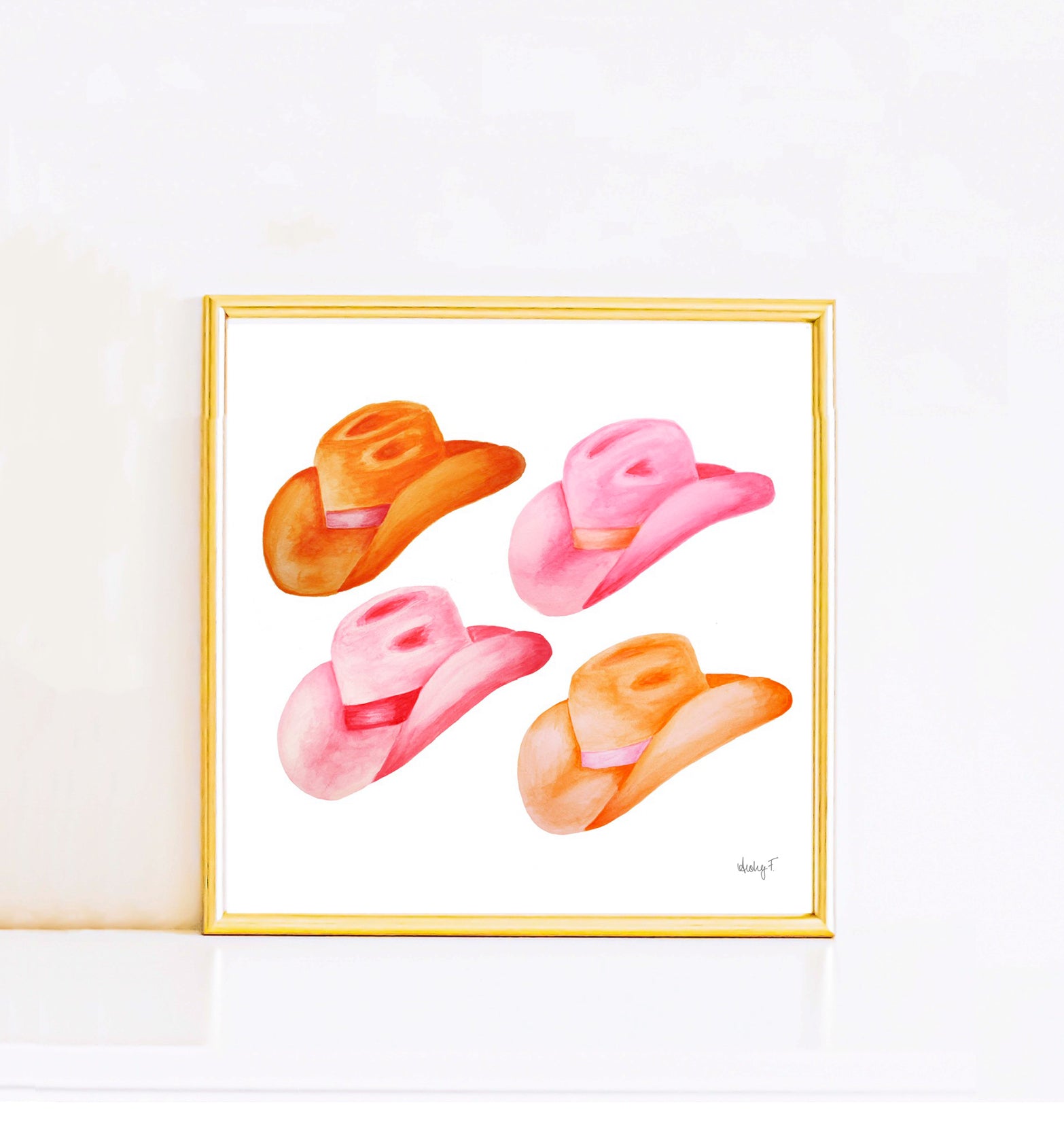 Print Hot Pink and Orange Cowboy Hats Watercolor Painting