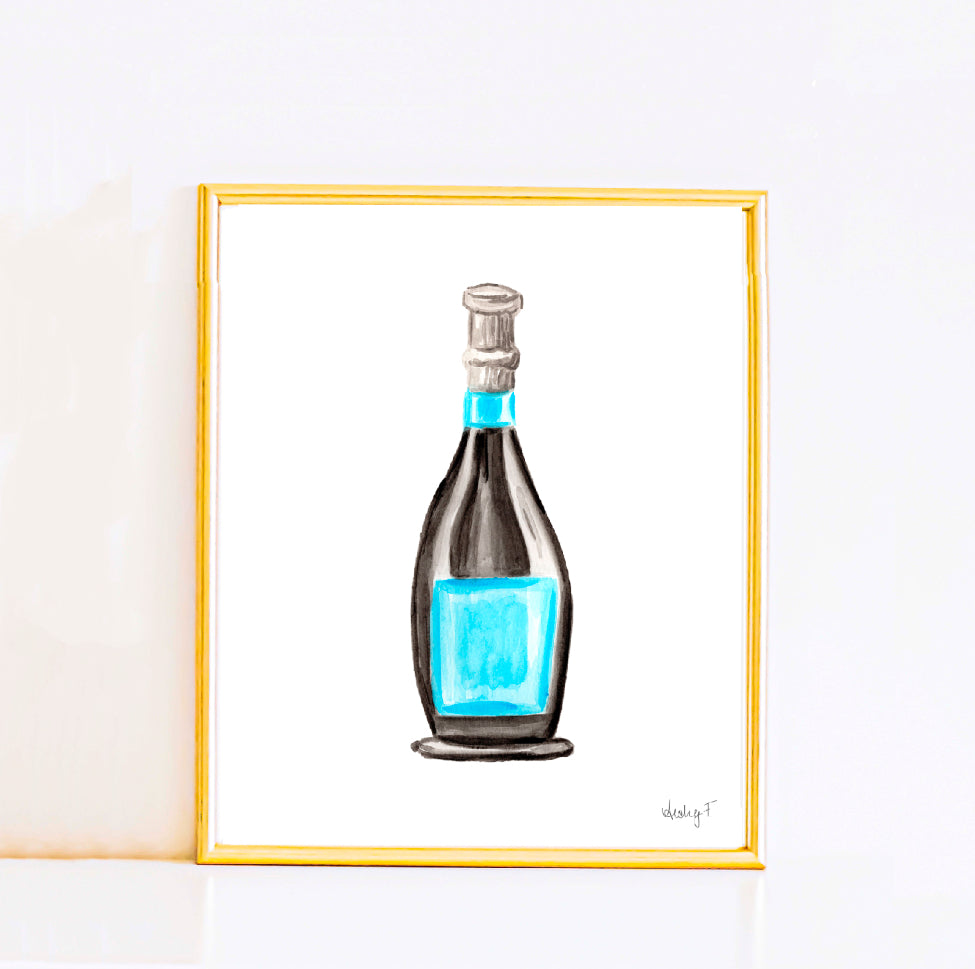 Print | Black & Blue Champagne Bottles Watercolor | Preppy Colorful Cheery Bright Coastal Cowgirl Dorm  Room Poster Decor Cocktail Wall Art Cocktail Bar Cart