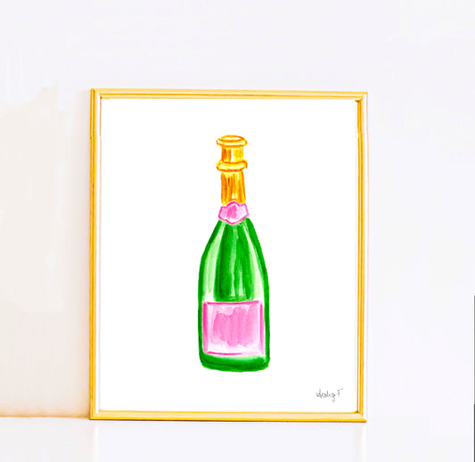 Print | Pink & Green Champagne Bottles Watercolor | Preppy Colorful Cheery Bright Coastal Cowgirl Dorm Cocktail Wall Art Cocktail Bar Cart Poster Decor