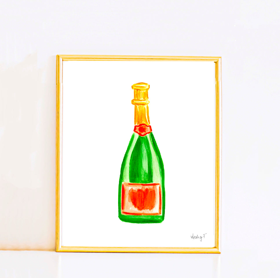 Print | Orange & Green Champagne Bottles Watercolor | Preppy Colorful Cheery Bright Coastal Cowgirl Dorm Cocktail Wall Art Cocktail Bar Cart