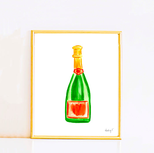 Print | Orange & Green Champagne Bottles Watercolor | Preppy Colorful Cheery Bright Coastal Cowgirl Dorm Room Poster Decor Cocktail Wall Art Cocktail Bar Cart