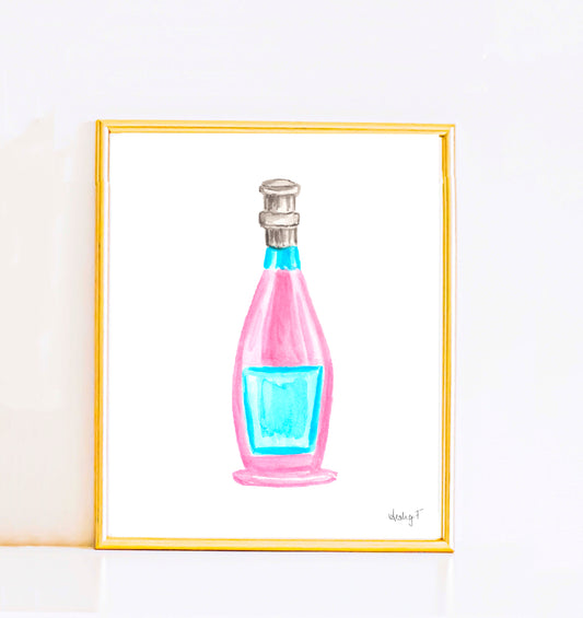 Print | Pink & Blue Champagne Bottles Watercolor |  Preppy Colorful Cheery Bright Coastal Cowgirl Dorm Room Poster Decor Cocktail Wall Art Prosecco Bar Cart