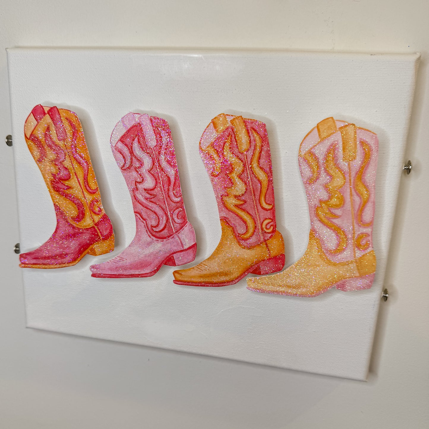 8” x 10” Glitter Embellished Hot Pink & Orange Cowboy Boots 3D Push Pin Shadow Box Clear