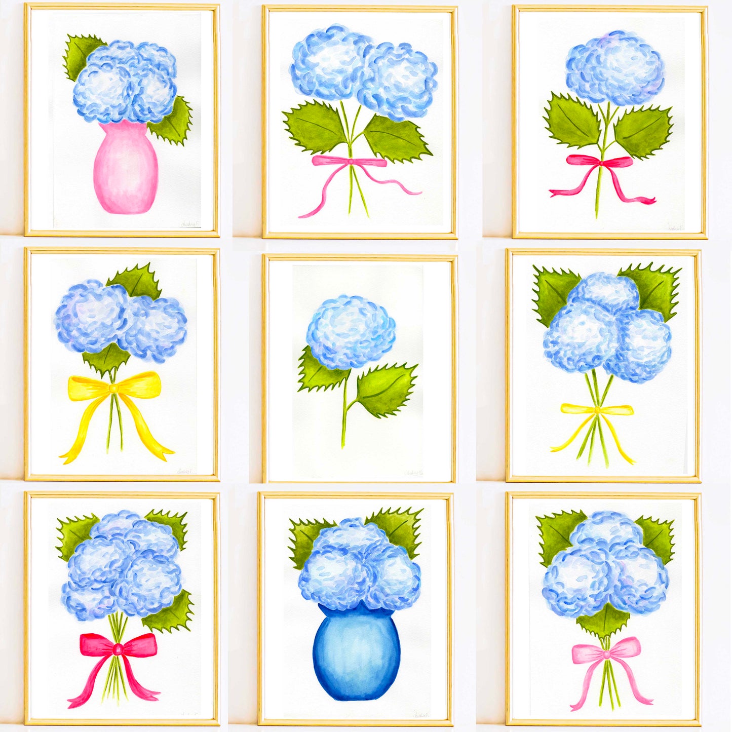 7" x 10" Light Blue Hydrangea Stems with Light Pink Bow | Original Watercolor Painting | 6 of 9