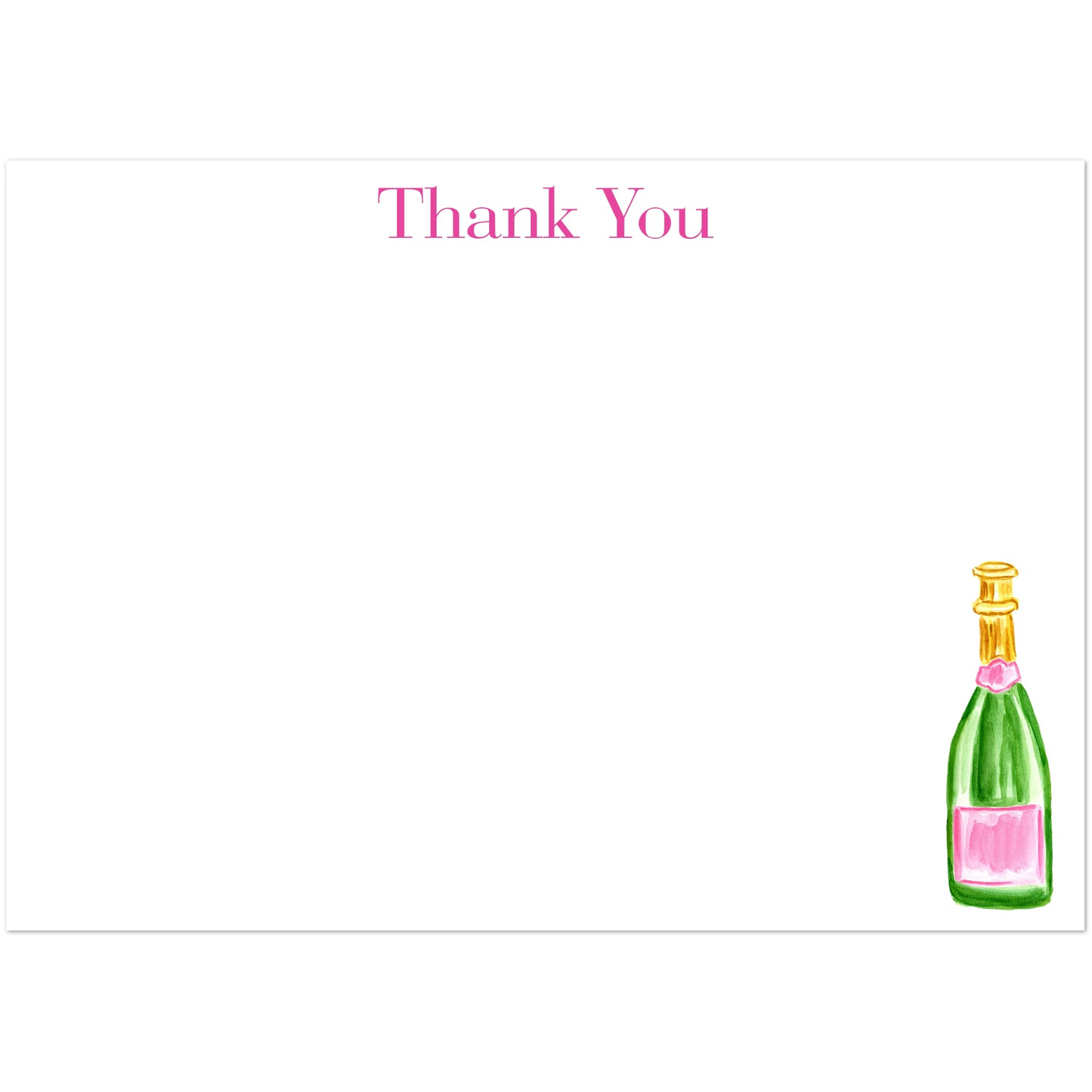 Thank You Card | Pink & Green Champagne Bottle Watercolor Illustration | Flat Notecards & Envelope Set of 10 | 2 Sizes 5R (5 x 7″) Elegant