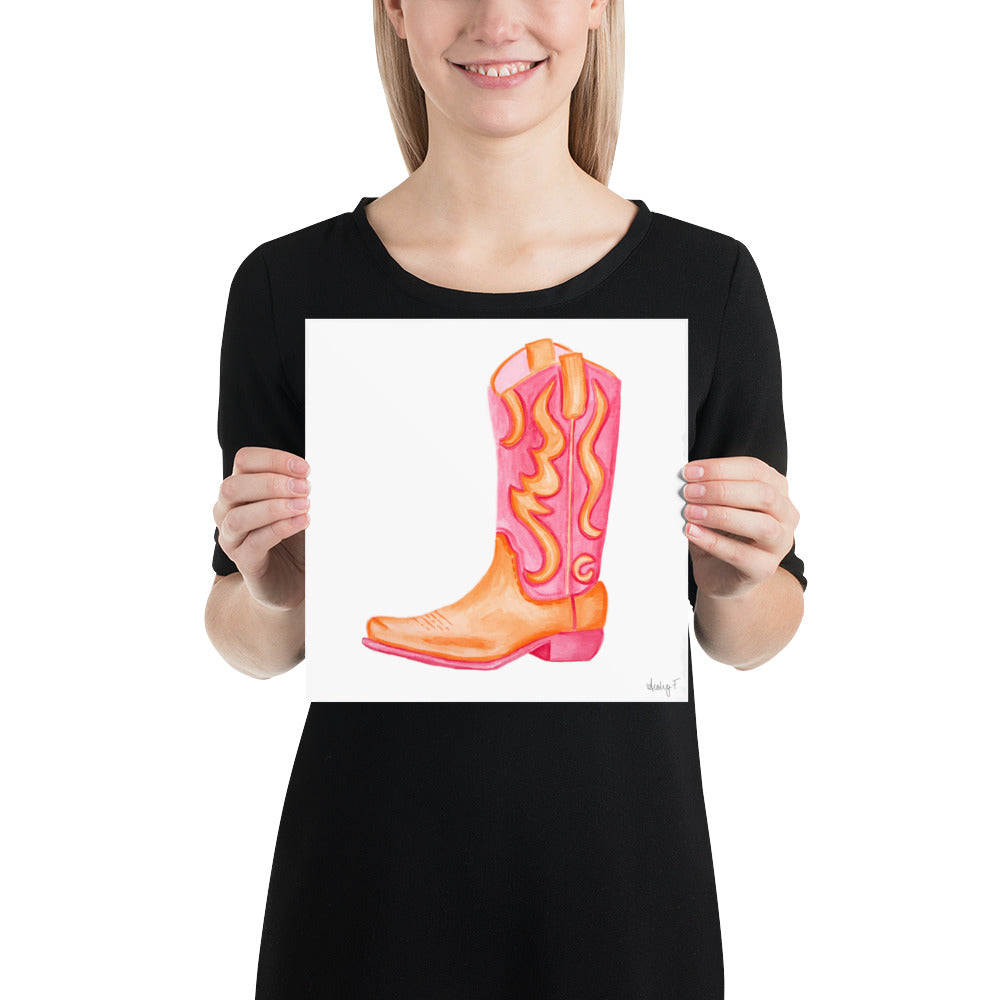 Print | Hot Pink & Orange Cowboy Boot Watercolor |  Coastal Cowgirl Southern Rustic Western Colorful Fun Dorm Room Poster Decor