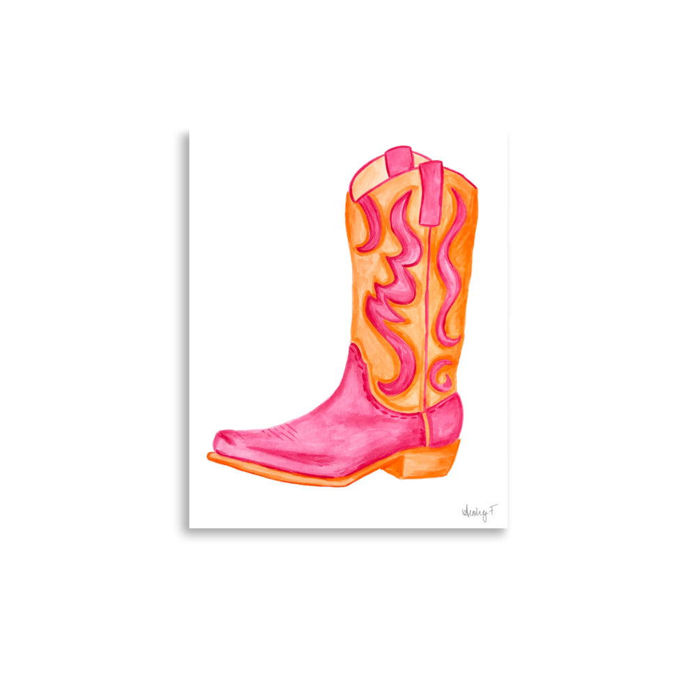 Print | Hot Pink & Orange Cowboy Boot Watercolor | Coastal Cowgirl Southern Rustic Western Colorful Fun Dorm Room Poster Decor