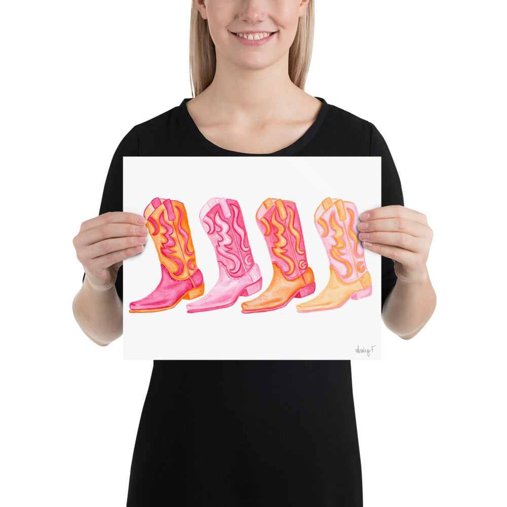 Print | Watercolor Row of Hot Pink & Orange Cowboy Boots