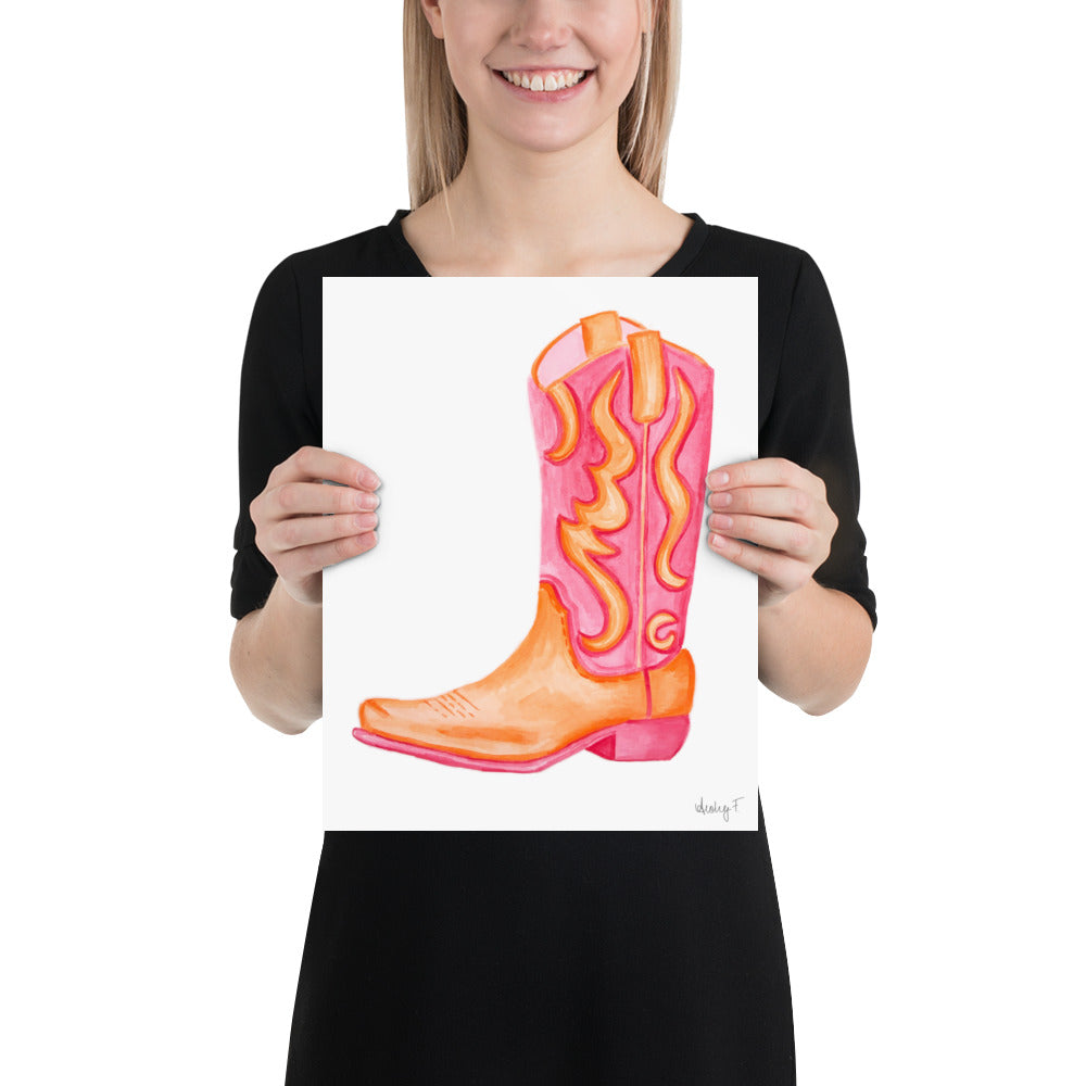 Print | Hot Pink & Orange Cowboy Boot Watercolor | Various Sizes