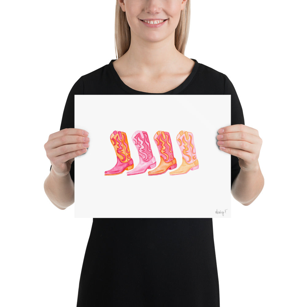 Print | Row of Mini Hot Pink & Orange Cowboy Boots Watercolor | Coastal Cowgirl Southern Rustic Western Colorful Fun Dorm Room Poster Decor