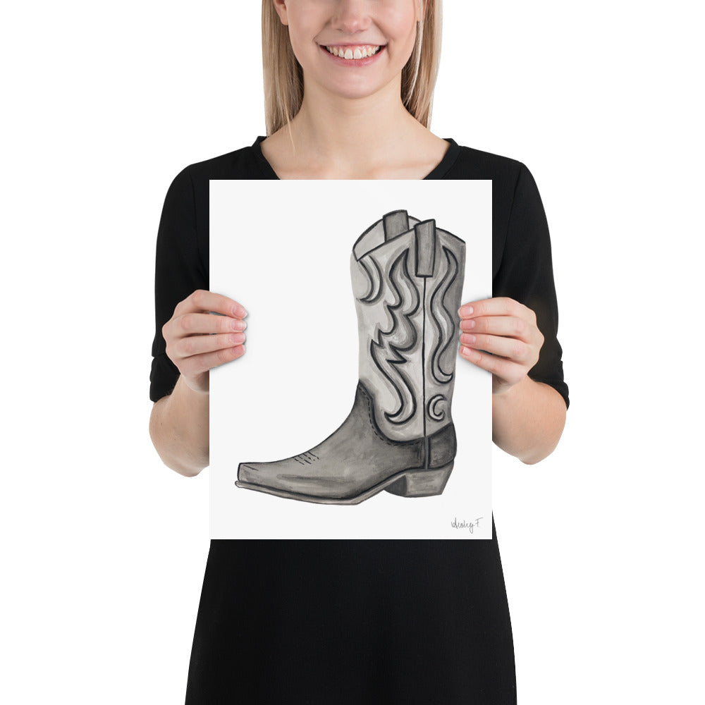 Print | Black & Gray Tonal Watercolor Cowboy Boot Painting Post | Rustic Decor | Southern | Western