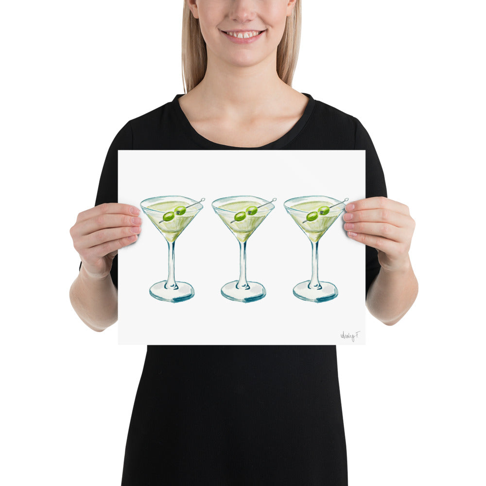 Print | Watercolor Green & Blue Martini Trio Painting | Bar Cart Decor | Cocktail Art Poster Poster