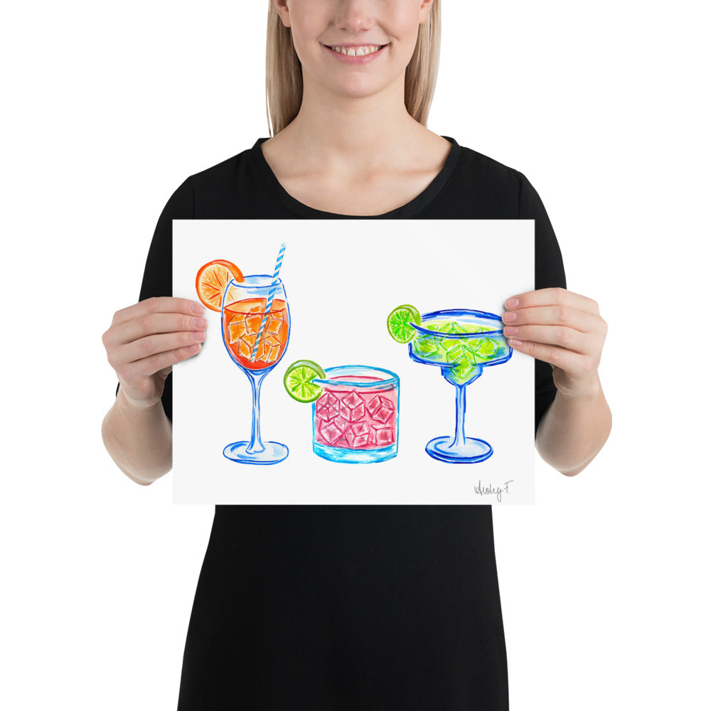 Print | Bright Cocktail Trio Aperol Spritz Margarita Paloma Watercolor | Various Sizes