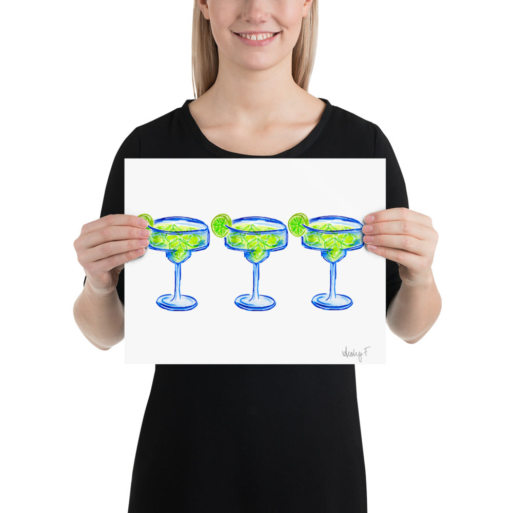 Print | Bright Blue Tequila Margarita Watercolor Trio| Blue Green | Bar Cart Cocktail Kitchen Art Wall Decor | Coastal Cowgirl | Dorm Preppy