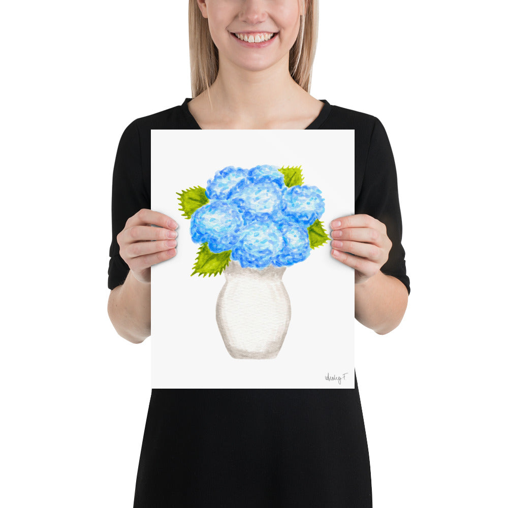Print | Blue Hydrangea Blooms in Cream Vase Watercolor | Various Sizes
