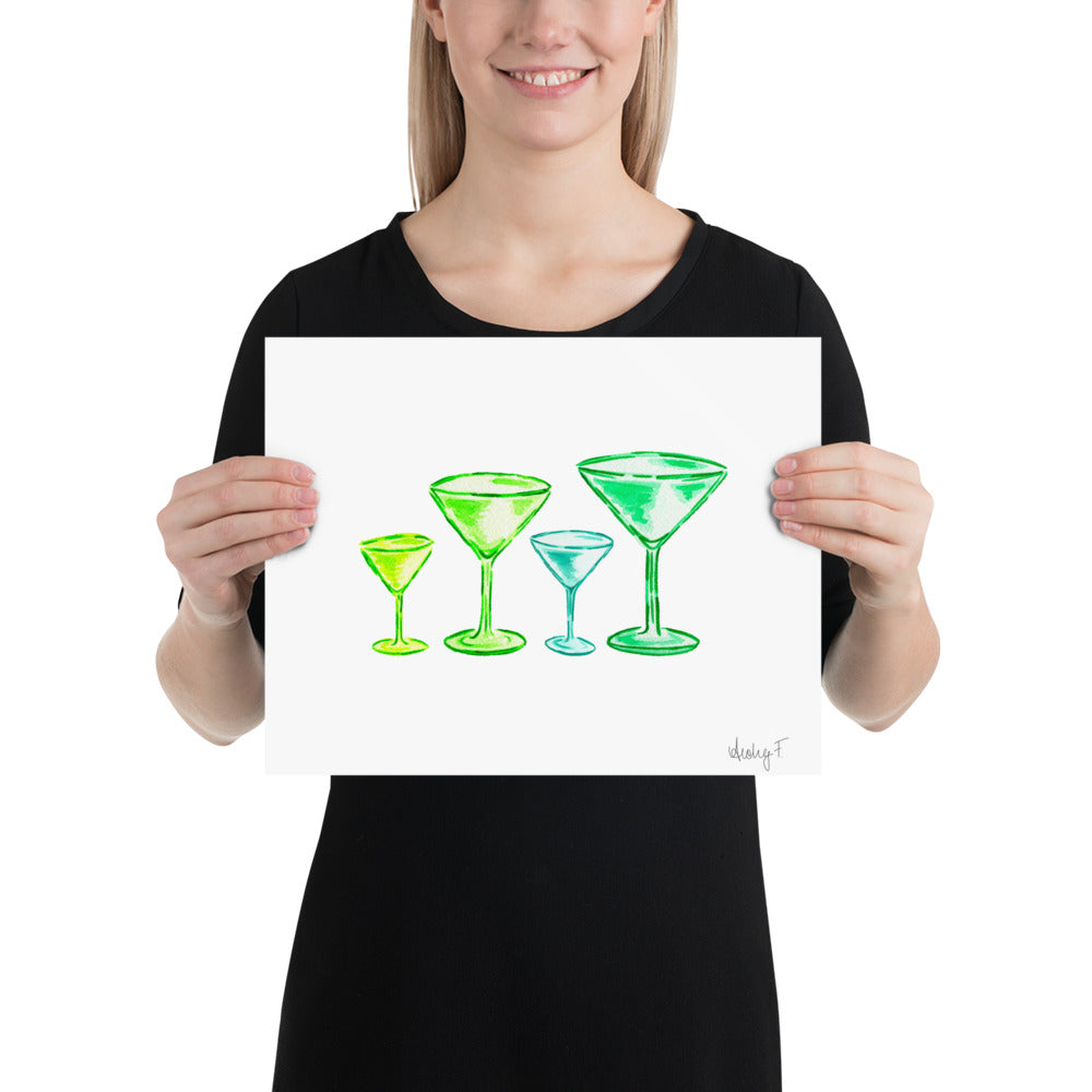 Print | Green Martini Glasses Quad Watercolor | Bar Cart Wall Poster Kitchen Decor Cocktail