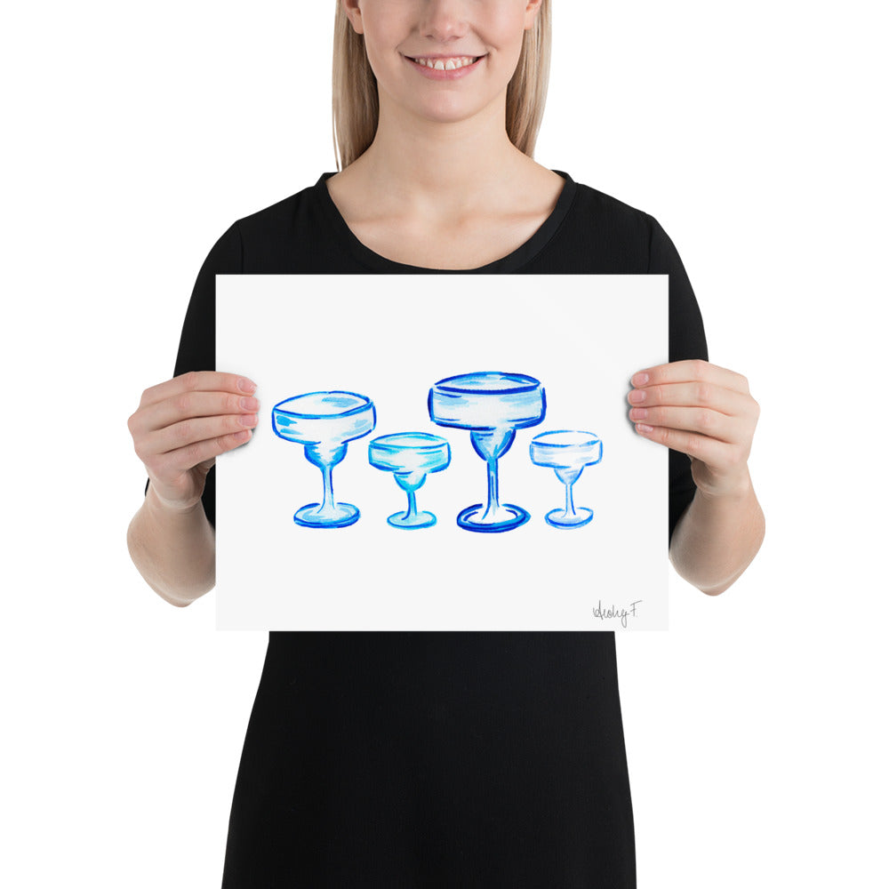 Print | Blue Margarita Glass Watercolor Quad | Bar Cart Cocktail Wall Art | Coastal Grandmother Preppy