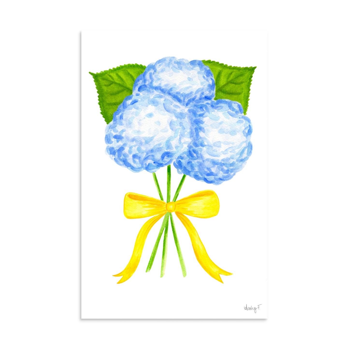 Bunch of Blue Hydrangeas Yellow Bow Watercolor Print | Various Sizes 11″×17″