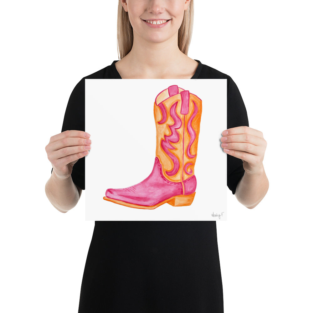 Print | Hot Pink & Orange Cowboy Boot Watercolor | Coastal Cowgirl Southern Rustic Western Colorful Fun Dorm Room Poster Decor