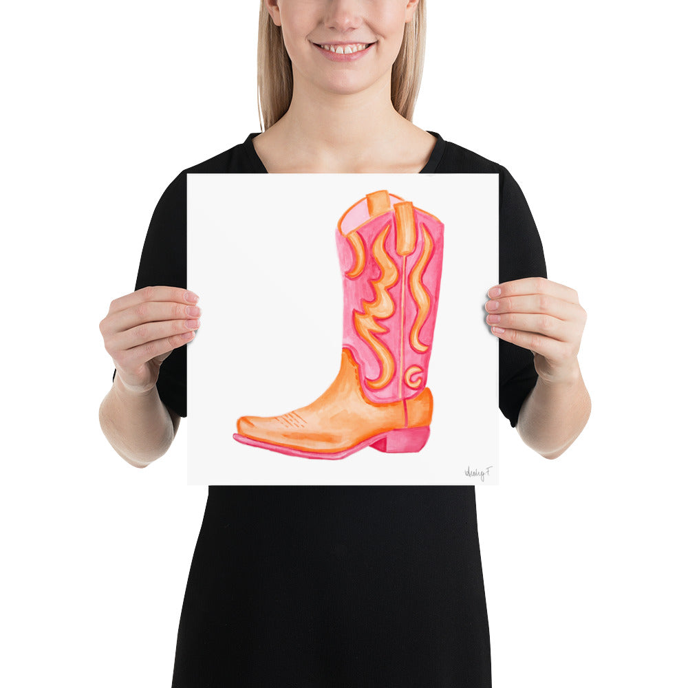 Print | Hot Pink & Orange Cowboy Boot Watercolor |  Coastal Cowgirl Southern Rustic Western Colorful Fun Dorm Room Poster Decor
