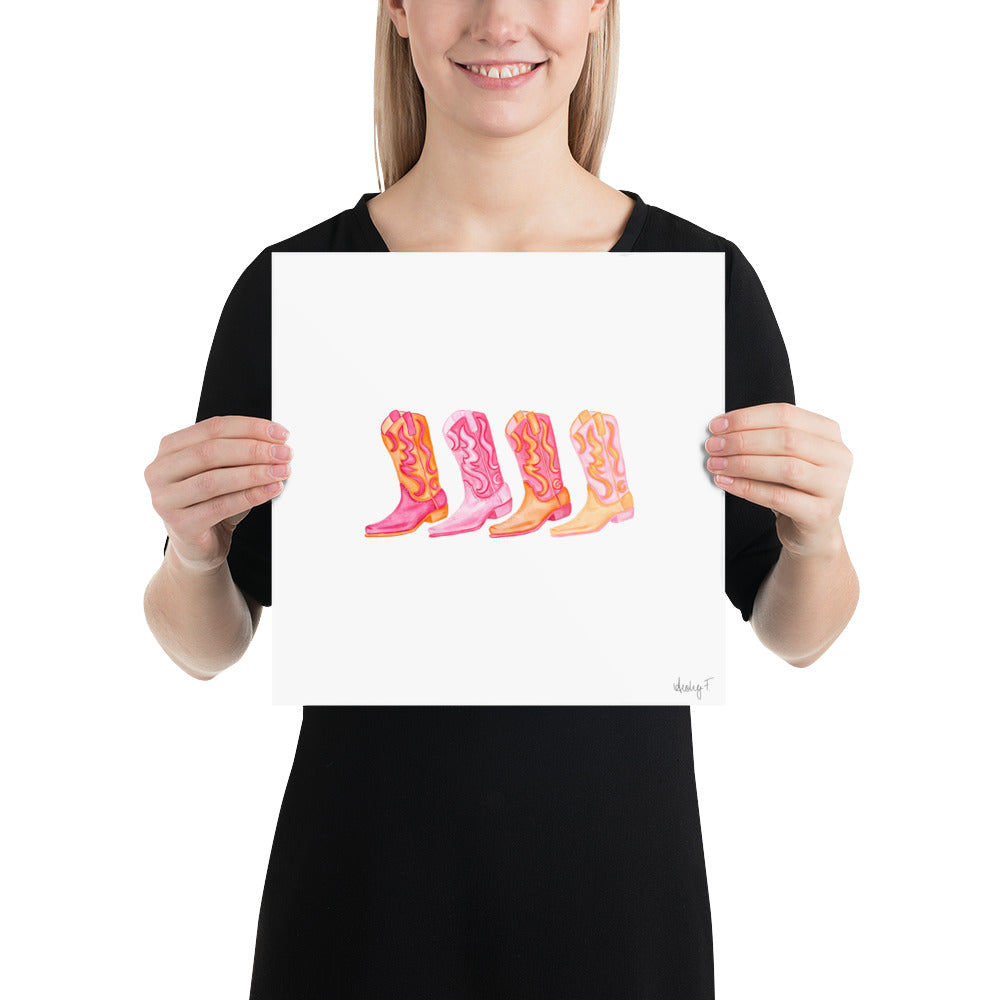 Print | Row of Mini Hot Pink & Orange Cowboy Boots Watercolor | Coastal Cowgirl Southern Rustic Western Colorful Fun Dorm Room Poster Decor