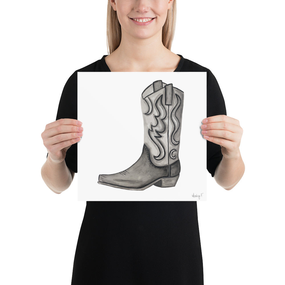Print | Black & Gray Tonal Watercolor Cowboy Boot Painting Post | Rustic Decor | Southern | Western