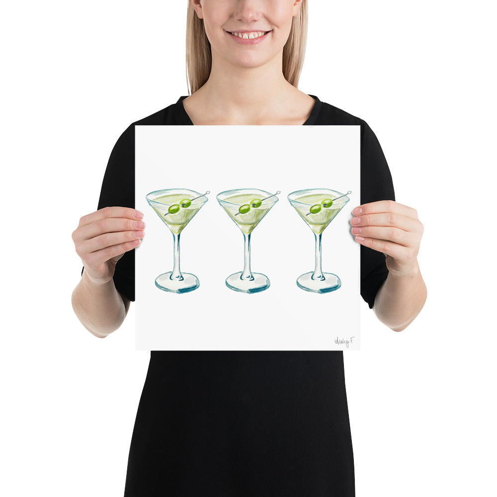 Print | Watercolor Green & Blue Martini Trio Painting | Bar Cart Decor | Cocktail Art Poster Poster