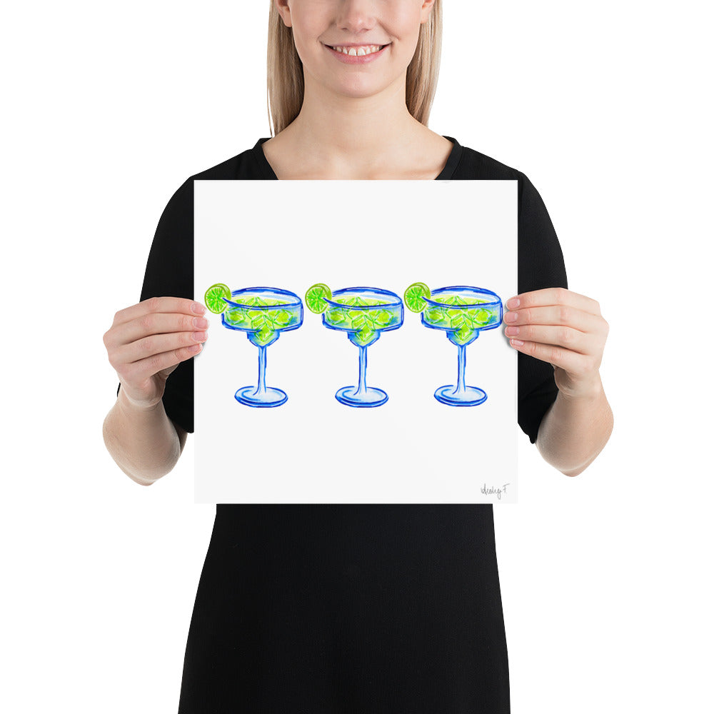 Print | Bright Blue Tequila Margarita Watercolor Trio| Blue Green | Bar Cart Cocktail Kitchen Art Wall Decor | Coastal Cowgirl | Dorm Preppy