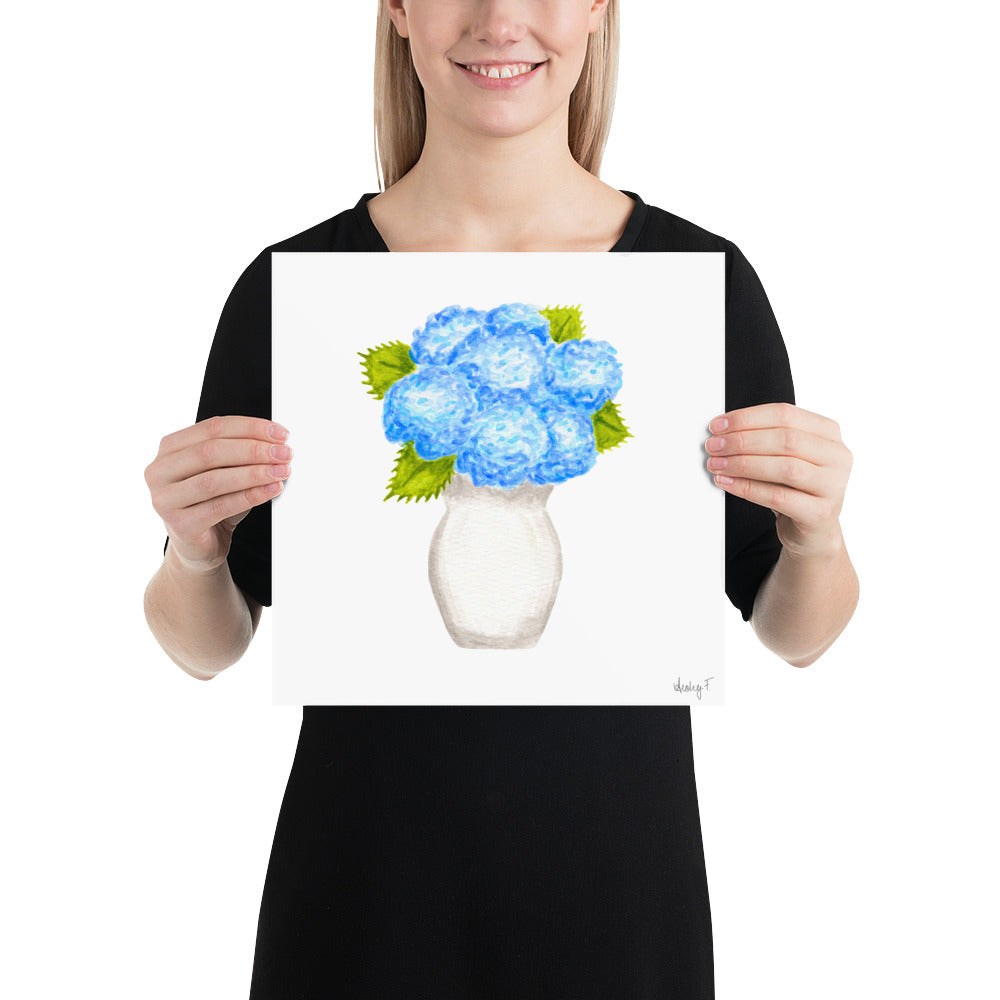 Print | Blue Hydrangea Blooms in Cream Vase Watercolor | Various Sizes