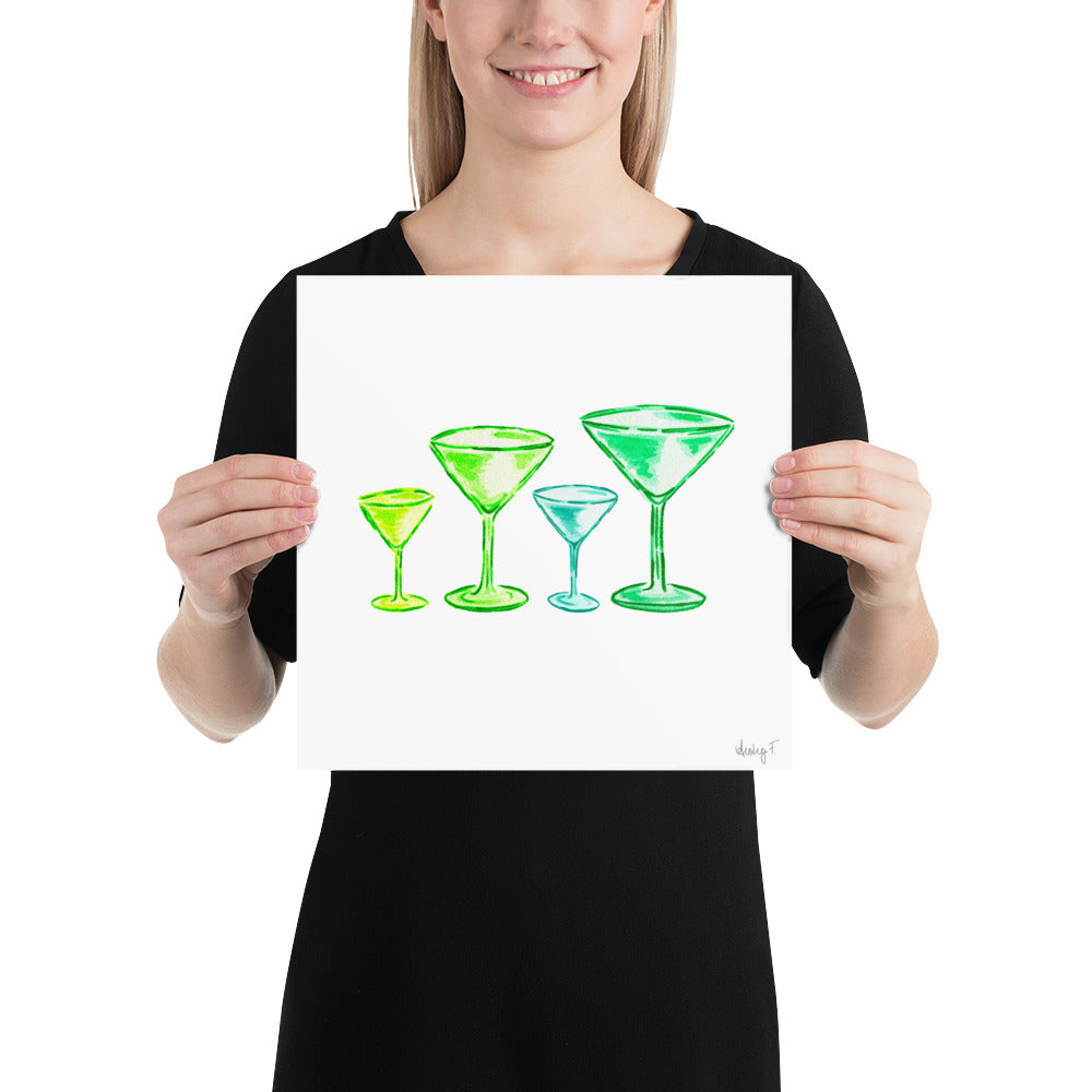 Print | Green Martini Glasses Quad Watercolor | Bar Cart Wall Poster Kitchen Decor Cocktail