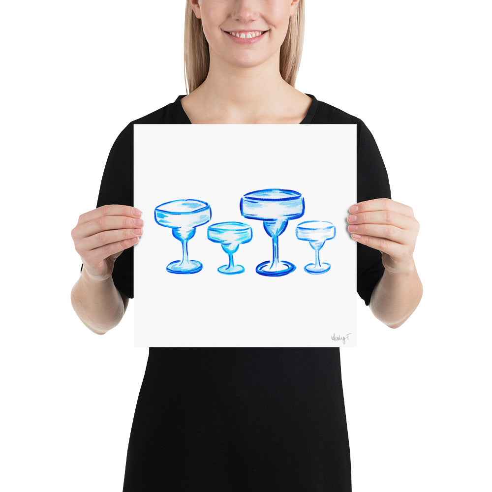 Print | Blue Margarita Glass Watercolor Quad | Bar Cart Cocktail Wall Art | Coastal Grandmother Preppy