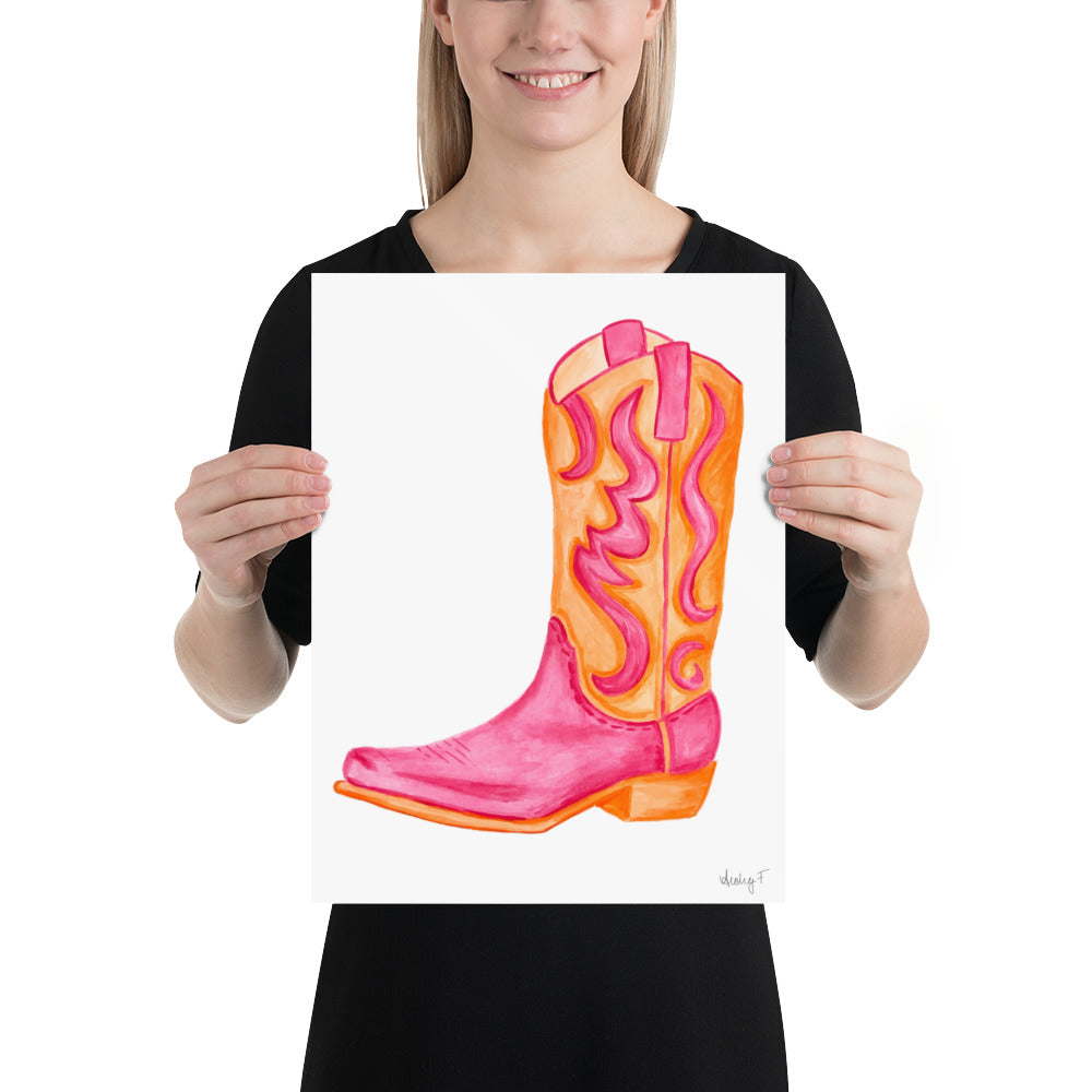 Print | Hot Pink & Orange Cowboy Boot Watercolor | Coastal Cowgirl Southern Rustic Western Colorful Fun Dorm Room Poster Decor