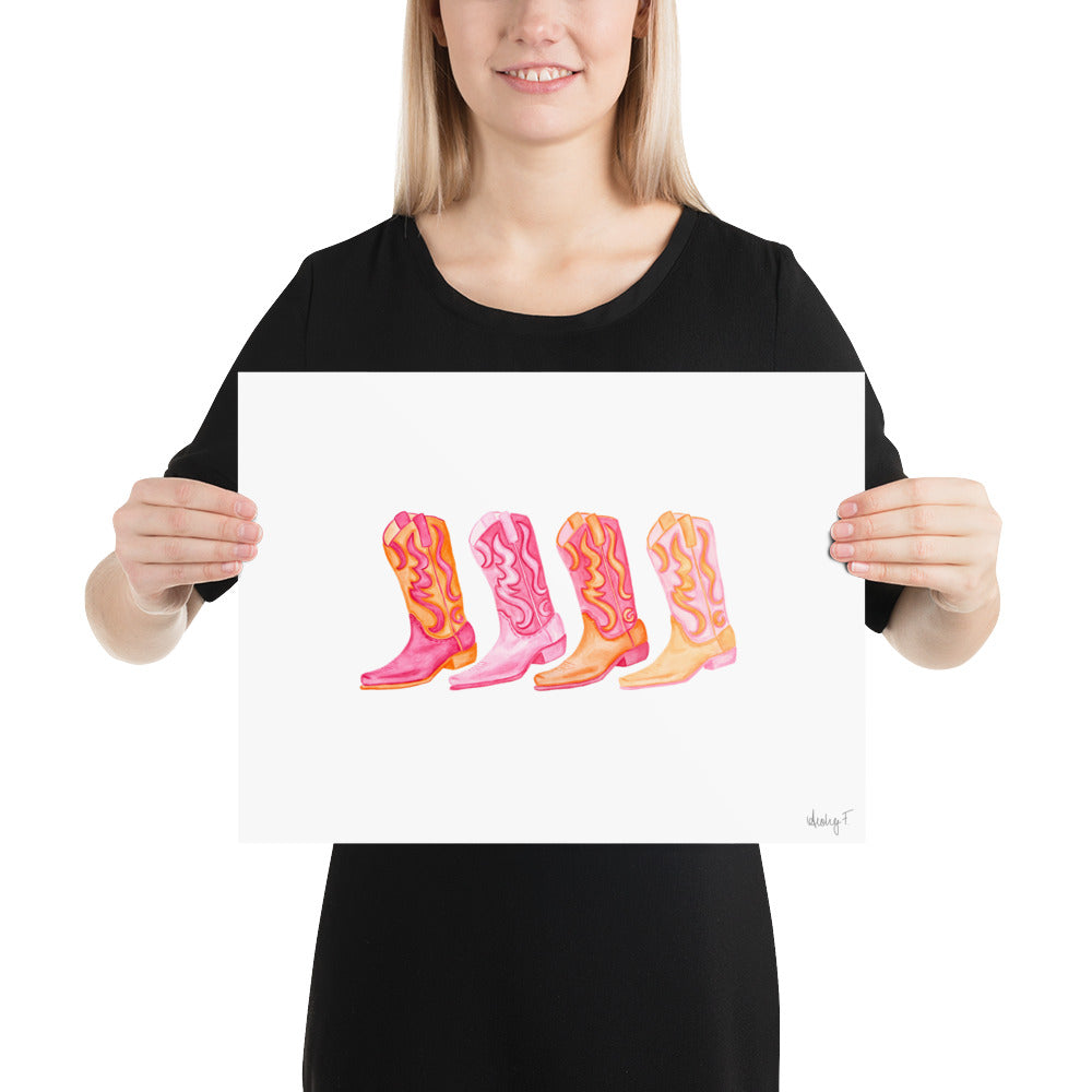 Print | Row of Mini Hot Pink & Orange Cowboy Boots Watercolor | Coastal Cowgirl Southern Rustic Western Colorful Fun Dorm Room Poster Decor