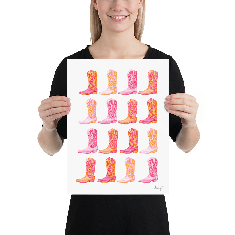 Print | Rows of Mini Hot Pink & Orange Cowboy Boots Watercolor |  Coastal Cowgirl Southern Rustic Western Colorful Fun Dorm Room Poster Decor