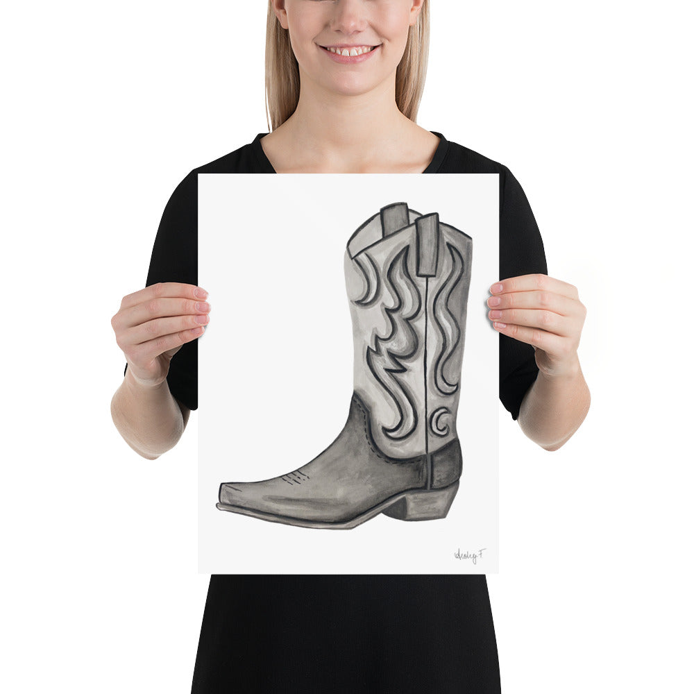 Print | Black & Gray Tonal Watercolor Cowboy Boot Painting Post | Rustic Decor | Southern | Western