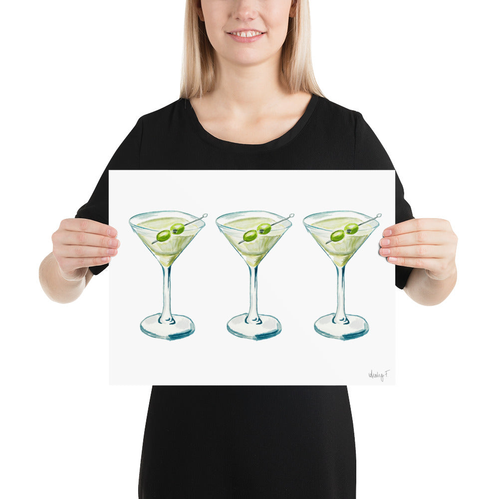 Print | Watercolor Green & Blue Martini Trio Painting | Bar Cart Decor | Cocktail Art Poster Poster