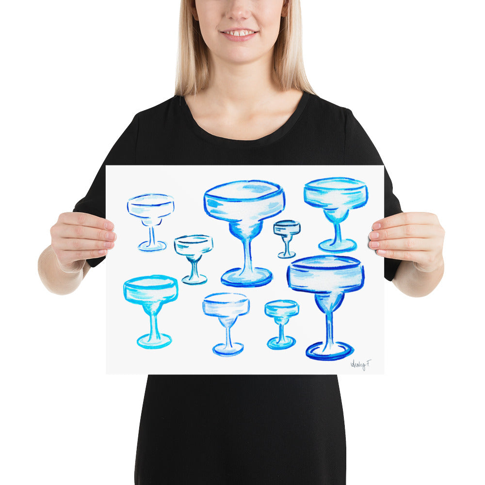 Print | Blue Margarita Glasses | Cocktail Bar Cart Kitchen Decor | Tequila | Coastal Cowgirl | Preppy Dorm