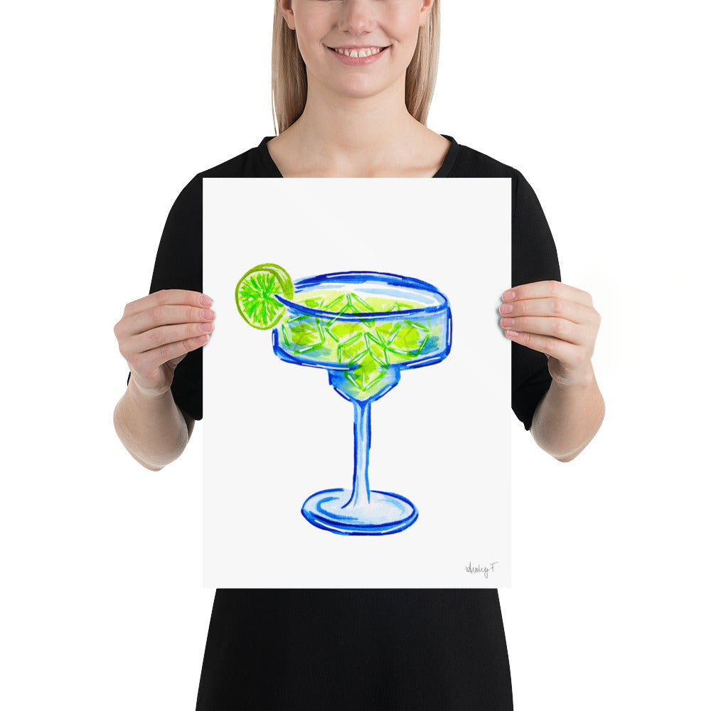 Print | Bright Blue Tequila Margarita Watercolor | Blue Green | Bar Cart Cocktail Kitchen Art Wall Decor | Coastal Cowgirl | Dorm Preppy