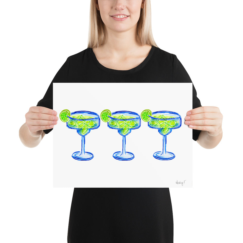 Print | Bright Blue Tequila Margarita Watercolor Trio| Blue Green | Bar Cart Cocktail Kitchen Art Wall Decor | Coastal Cowgirl | Dorm Preppy