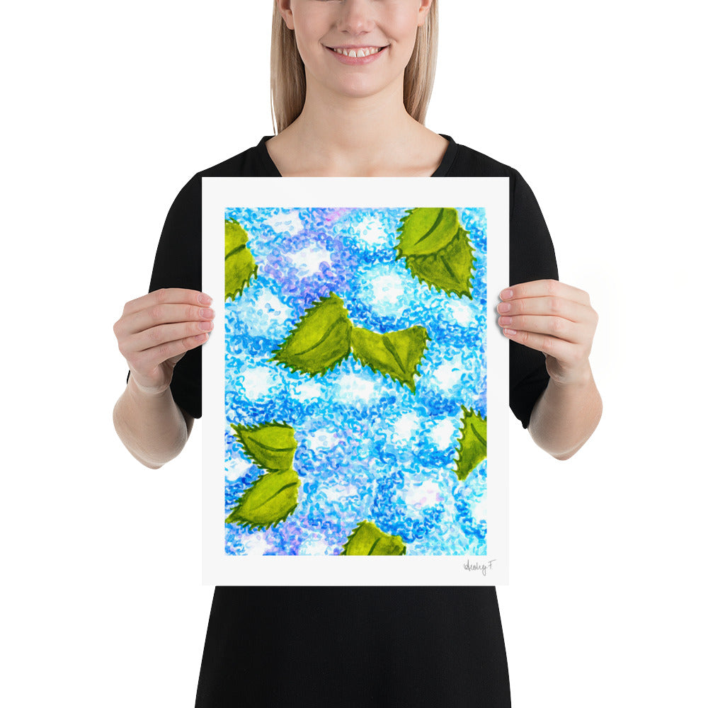 Print | Blue Hydrangea Blooms Watercolor | Coastal Grand Millenial Wall Art Decor | Hamptons |Nantucket New England Summer Garden