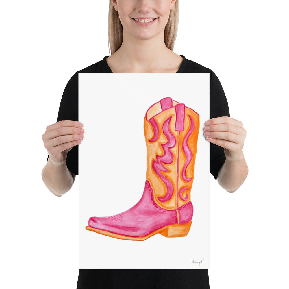 Print | Hot Pink & Orange Cowboy Boot Watercolor | Coastal Cowgirl Southern Rustic Western Colorful Fun Dorm Room Poster Decor